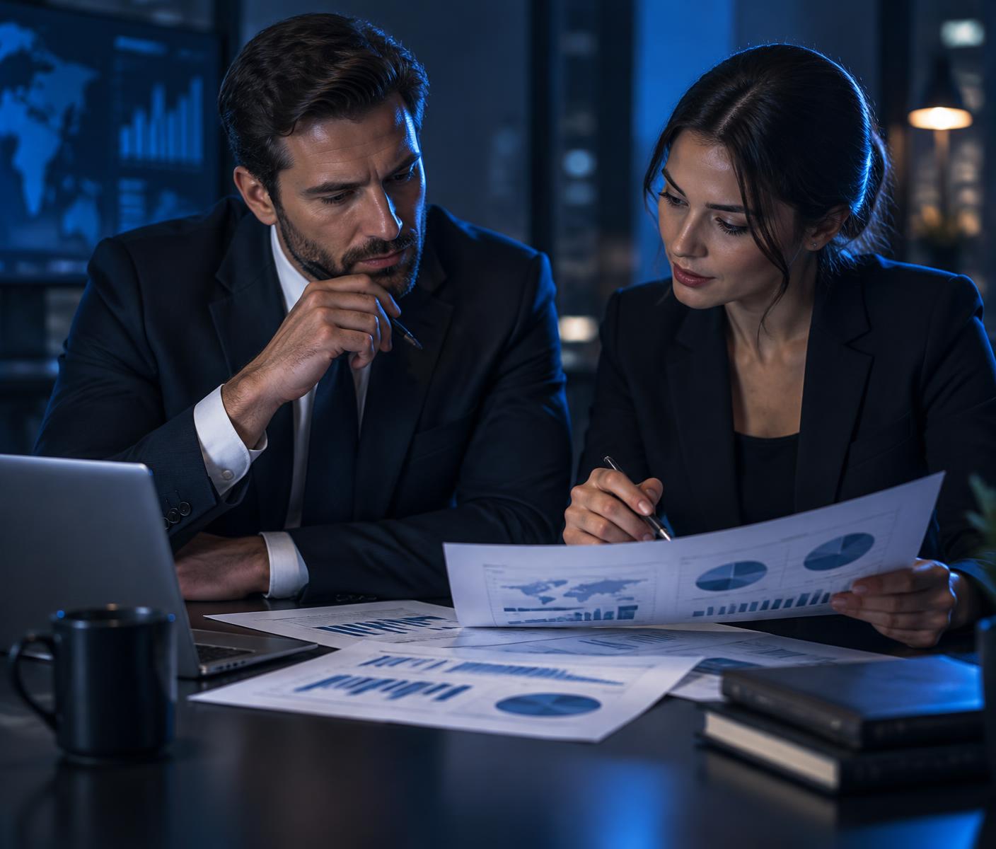 Analysts reviewing printed trade research and charts